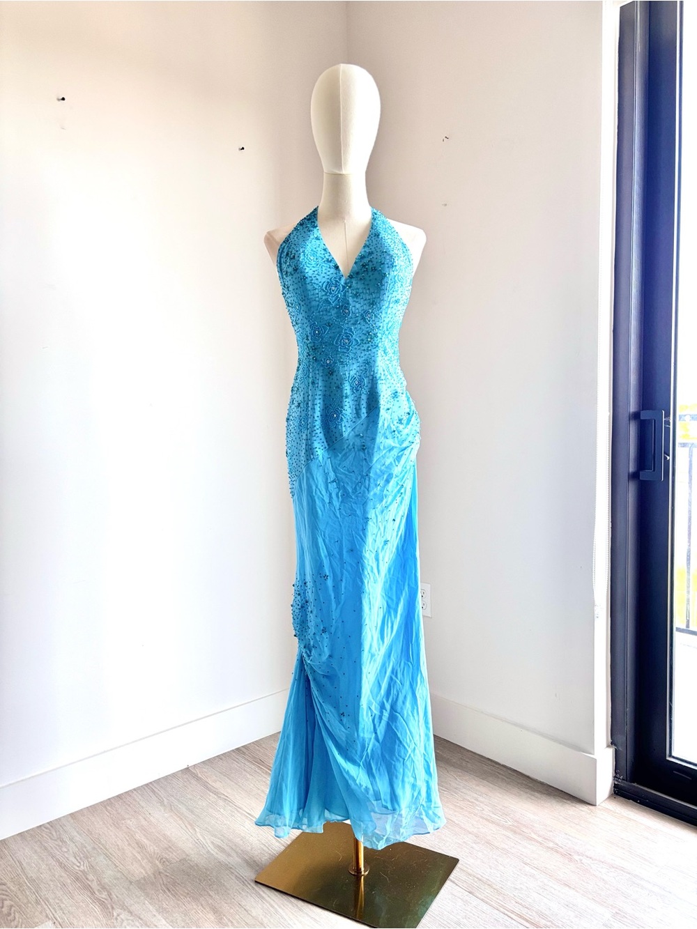 Vintage Cicci USA Blue Beaded Sequin Silk Halter Gown Prom Dress Sz M